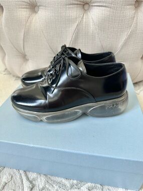 Prada Black Leather Derby Shoes with Transparent Bubble Sole
